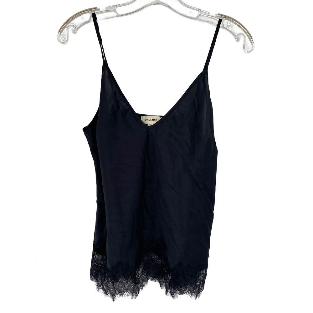 L’Agence Black Satin Tank Top for Women | Regular M Lace Accent